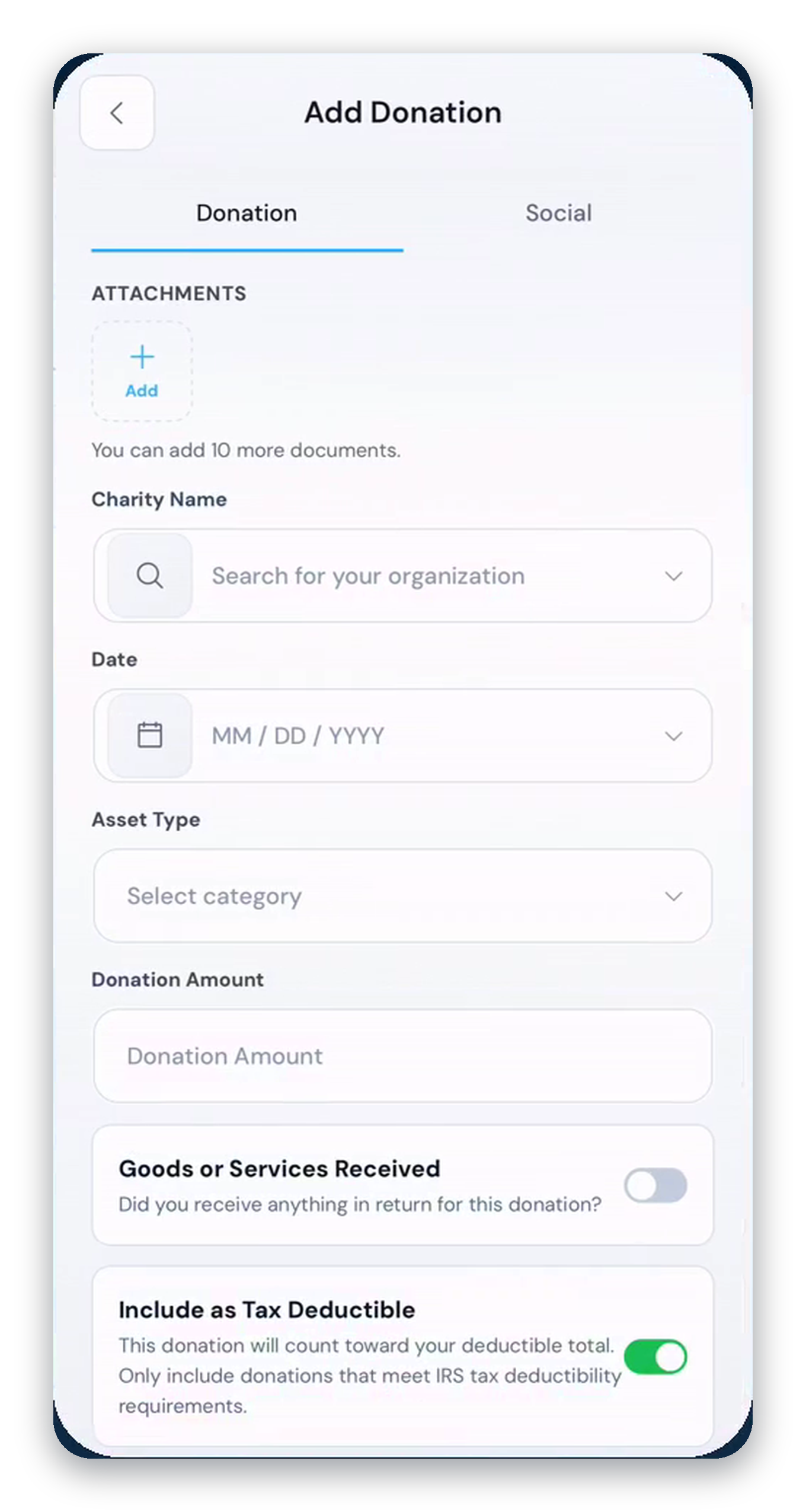 DonateMate manual donation entry screen