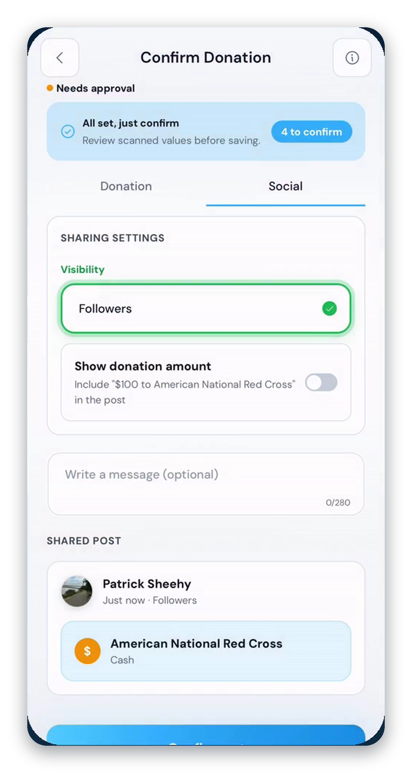 DonateMate donation sharing controls