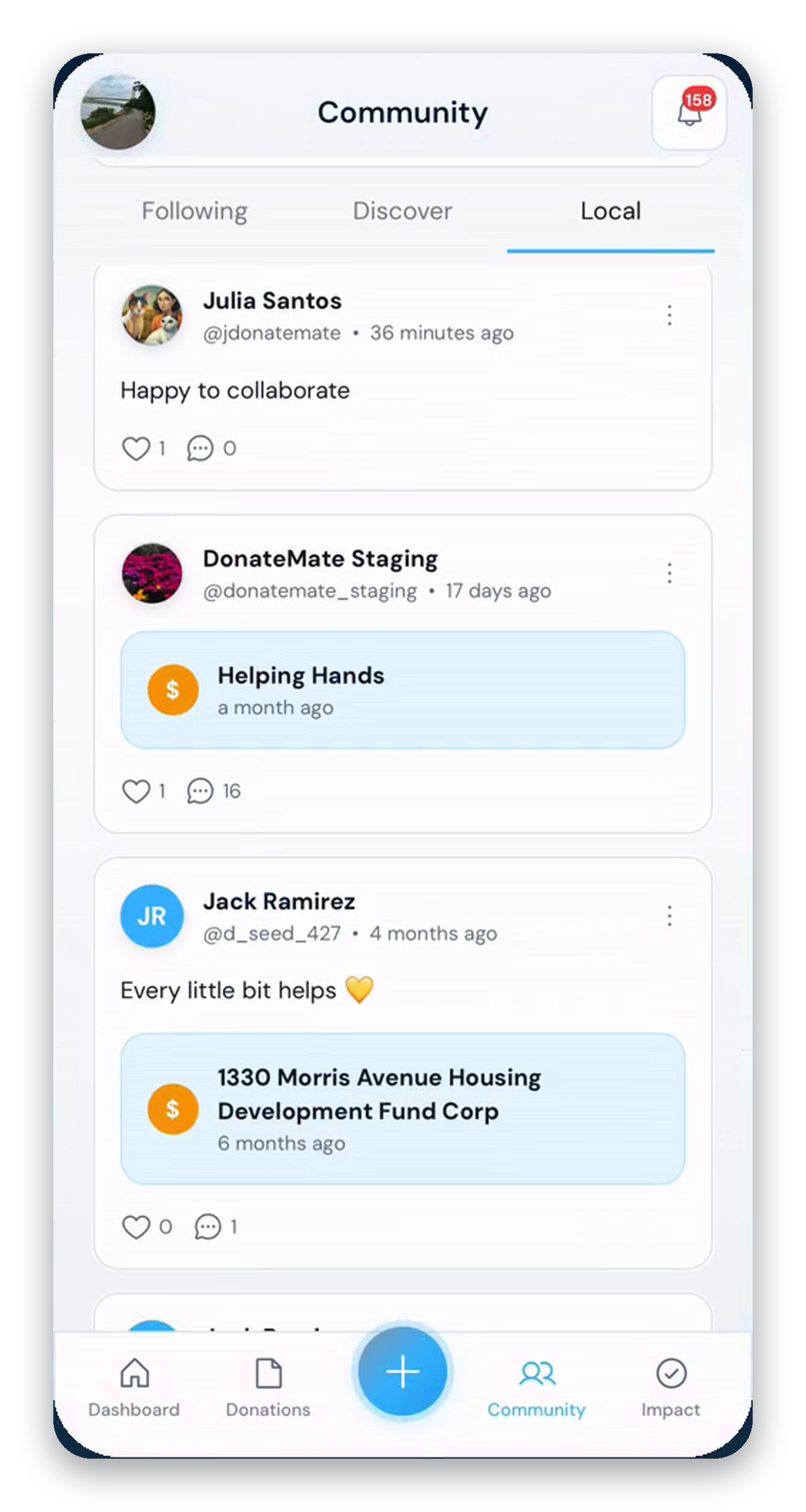 DonateMate Local community feed showing nearby charitable giving