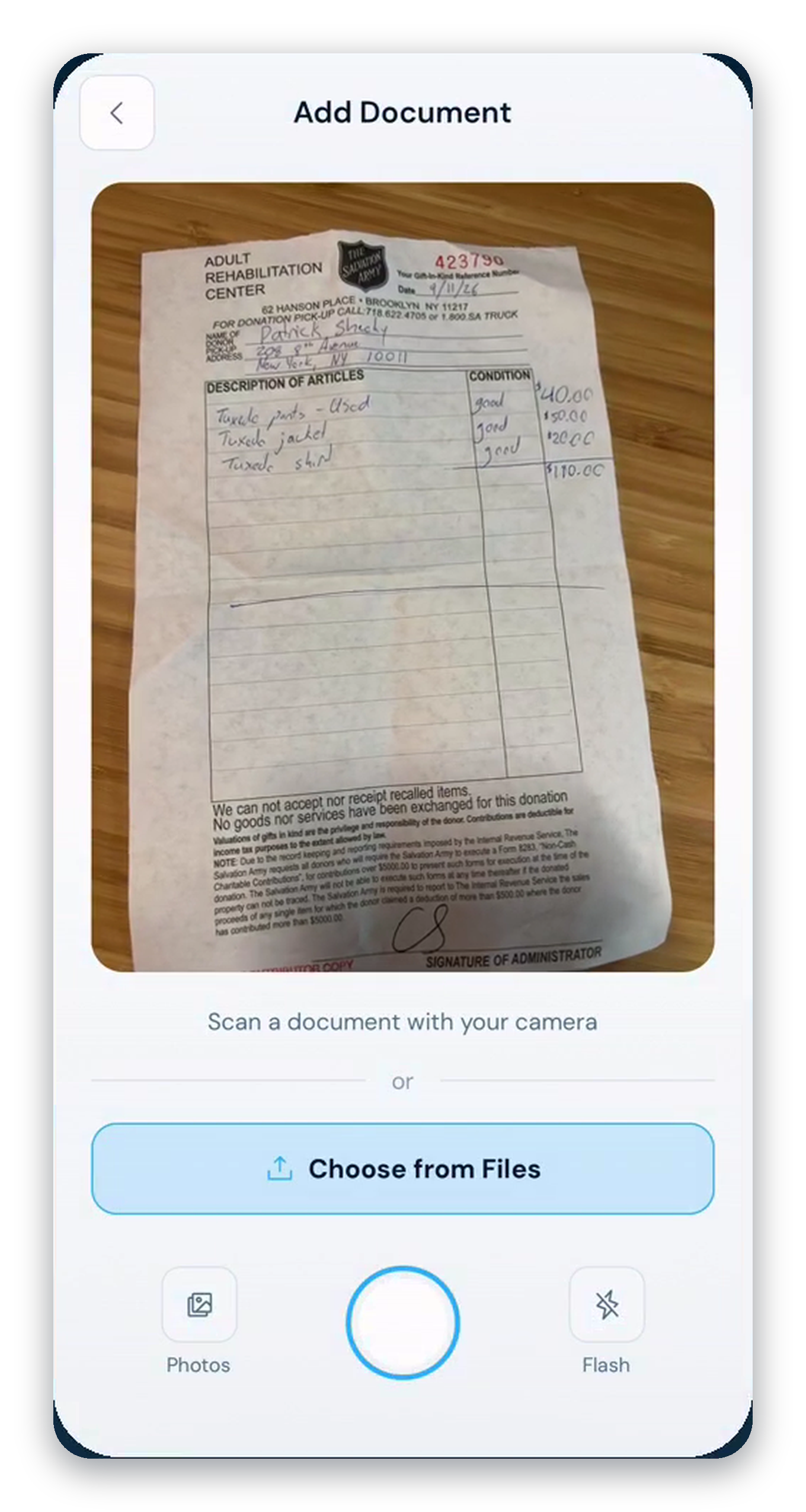 DonateMate receipt capture screen